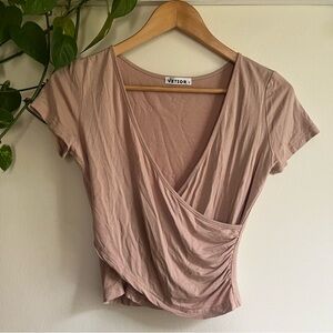 Veitor Blush Pink Tan Nude Sand Drape Wrap-Front Women's Short Sleeve Top Small